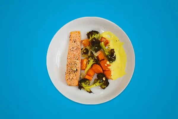 Roast salmon with sweet potatoes