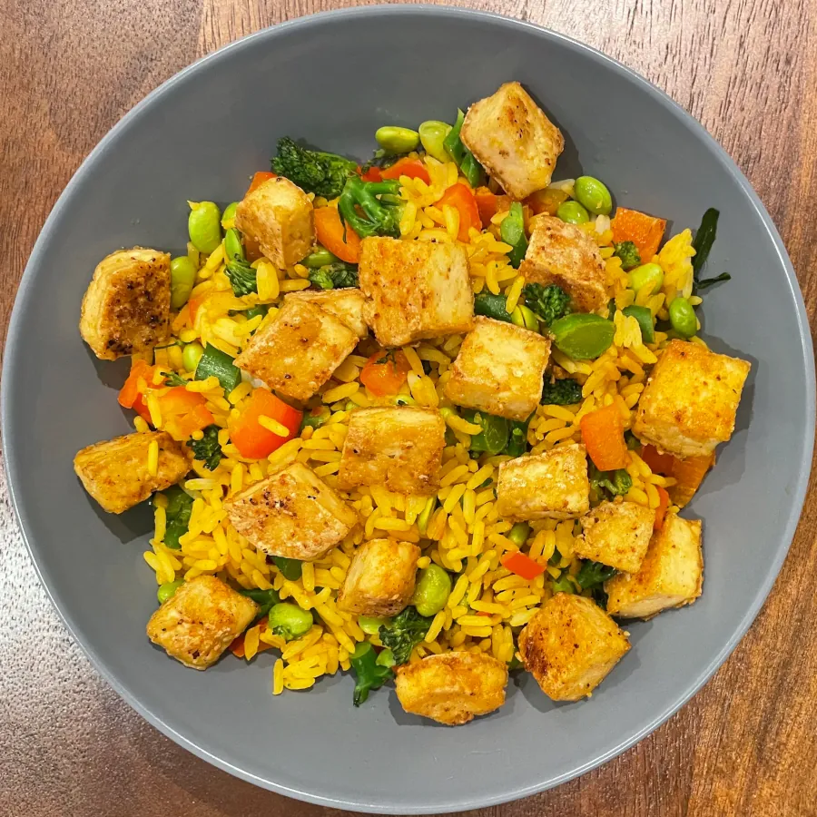 Tofu, Turmeric Rice With Edamame Beans